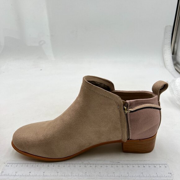 Tan Patchwork Ankle Boots for Women Low Stacked Chunky Heels Round Toe Boot - Picture 2 of 8